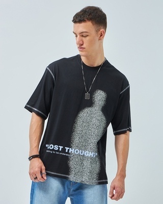 Shop Men's Black Lost Graphic Printed Super Loose Fit T-shirt-Front