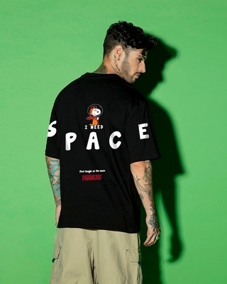 Shop Men's Black Need Space Snoopy Graphic Printed Oversized T-shirt-Front