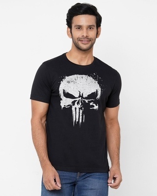 Shop Men's Black Punisher Skull Marvel Official Graphic Printed Cotton T-shirt-Front