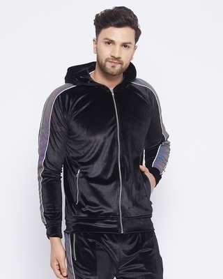 Shop Men's Black Reflective Tape Slim Fit Hooded Sweatshirt-Front
