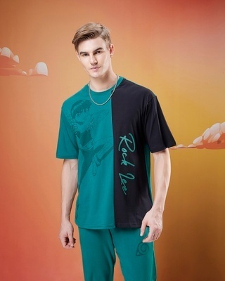 Shop Men's Black & Green Rock Lee Graphic Printed Oversized T-shirt-Front
