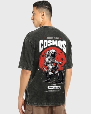 Shop Men's Black Space Roaming Graphic Printed Oversized Acid Wash T-shirt-Front