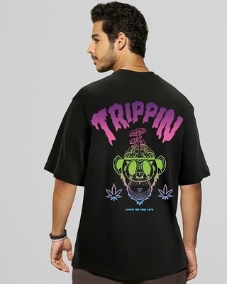 Shop Men's Black Tripping Monkey Graphic Printed Oversized T-shirt-Front