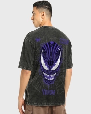 Shop Men's Black Venomized Graphic Printed Oversized Acid Wash T-shirt-Front