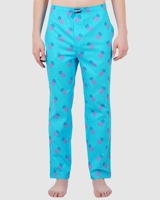 Shop Men's Blue All Over Pineapple Printed Cotton Pyjamas-Front