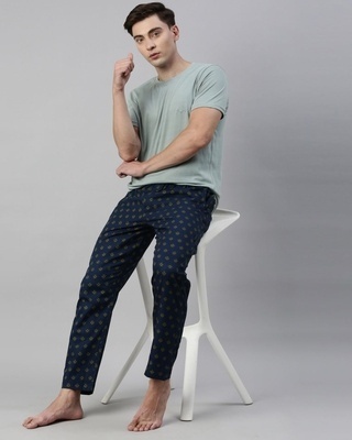 Shop Men's Blue All Over Printed Cotton Pyjamas-Front