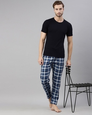 Shop Men's Blue Checked Cotton Pyjamas-Front