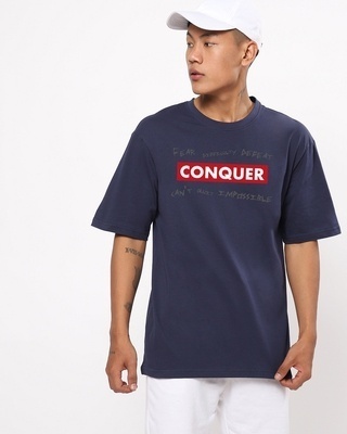 Shop Men's Blue Conquer Typography Oversized T-shirt-Front