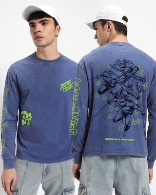 Shop Men's Blue Cowabunga Graphic Printed Acid Wash Oversized T-shirt-Front