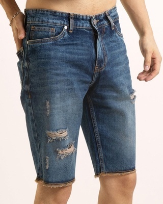 Shop Men's Blue Distress Denim Shorts-Front