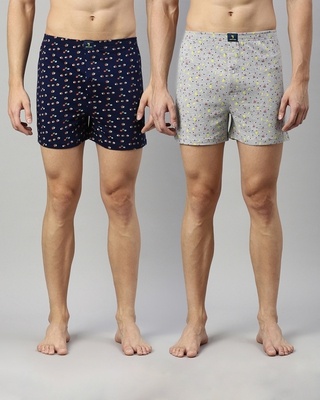 Shop Men's Blue & Grey All Over Printed Cotton Boxers (Pack of 2)-Front
