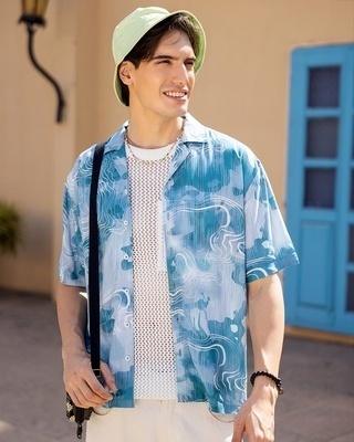 Shop Men's Blue & Grey All Over Printed Oversized Shirt-Front