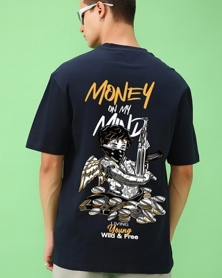 Shop Men's Blue Money Mind Graphic Printed Oversized T-shirt-Front