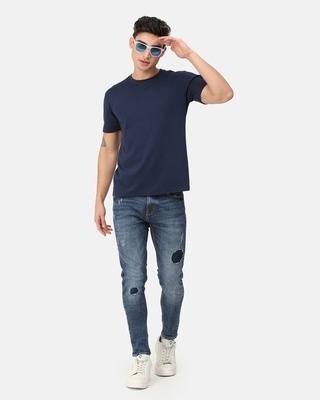 Shop Men's Blue Skinny Fit Distressed Jeans-Front