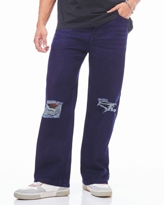 Shop Men's Indigo Blue Straight Fit Distressed Jeans-Front
