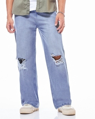 Shop Men's Light Indigo Blue Straight Fit Distressed Jeans-Front