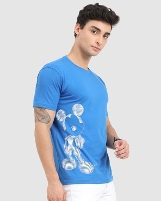 Shop Men's Blue Stripe Effect Mickey Mouse Printed T-shirt-Front
