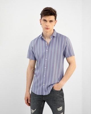 Shop Men's Blue Striped Slim Fit Shirt-Front