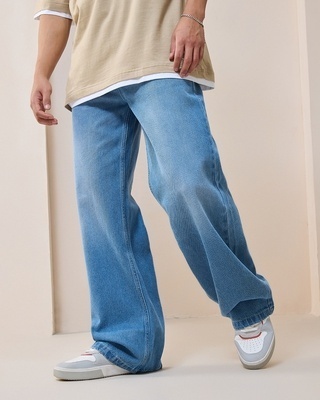 Shop Men's Blue Baggy Wide Leg Jeans-Front