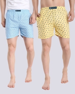 Shop Men's Blue & Yellow All Over Printed Cotton Boxers (Pack of 2)-Front
