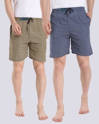 Shop Men's Blue & Yellow Checked Cotton Boxers (Pack of 2)-Front