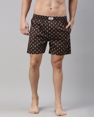 Shop Men's Brown All Over Printed Cotton Boxers-Front