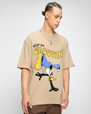 Shop Men's Brown Groovin Graphic Printed Oversized T-shirt-Front