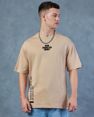 Shop Men's Brown Main Character Energy Graphic Printed Oversized T-shirt-Front