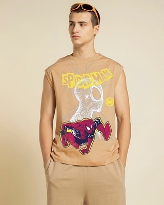 Shop Men's Brown Spider Sense Graphic Printed Boxy Fit Vest-Front