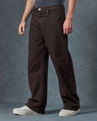 Shop Men's Brown Baggy Wide Leg Jeans-Front