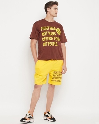 Shop Men's Brown & Yellow Fight War Typography Oversized T-shirt & Shorts Set-Front