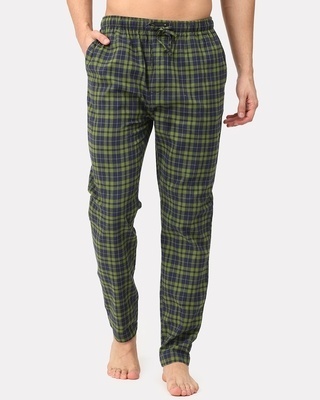 Shop Men's Green & Blue Checked Cotton Pyjamas-Front