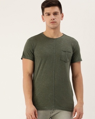Shop Men's Olive Self Design Cotton T-shirt-Front