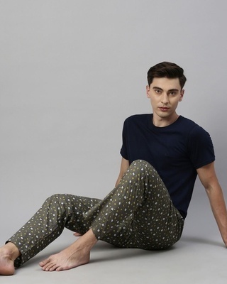 Shop Men's Grey All Over Monkey & Banana Printed Cotton Pyjamas-Front