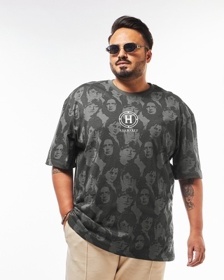 Shop Men's Grey & Black All Over Printed Oversized Plus Size T-shirt-Front