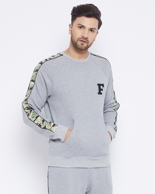 Shop Men's Grey Cotton Oversized Camo Taped Sweatshirt-Front