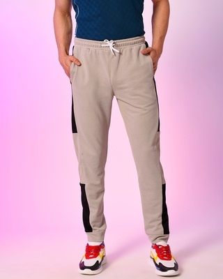 Shop Men's Grey Color Block Drawstring Joggers-Front