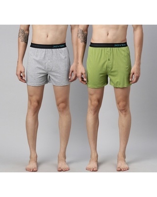 Shop Men's Grey & Green Cotton Boxers (Pack of 2)-Front