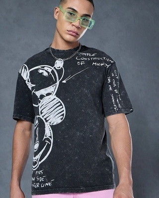 Shop Men's Grey Mickey Smiling Graphic Printed Oversized Acid Wash T-shirt-Front