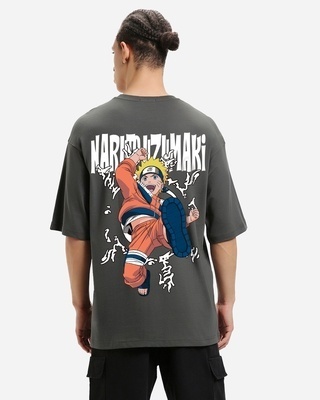 Shop Men's Grey Naruto Jump Graphic Printed Super Loose Fit T-shirt-Front