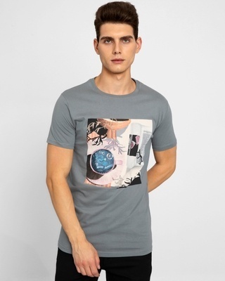 Shop Men's Grey Starry Night Graphic Printed Slim Fit T-shirt-Front