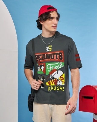 Shop Men's Grey Varsity Peanuts Graphic Printed Oversized T-shirt-Front