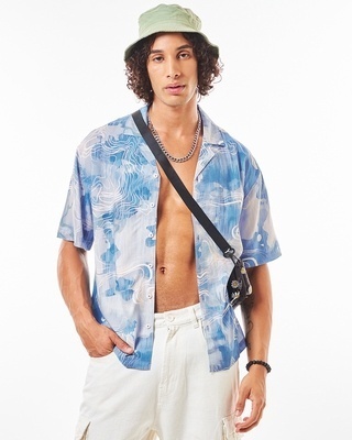 Shop Men's Blue & Grey All Over Printed Oversized Shirt-Front