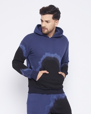 Shop Men's Navy Blue Cotton Ombre Oversized Hooded Sweatshirt-Front