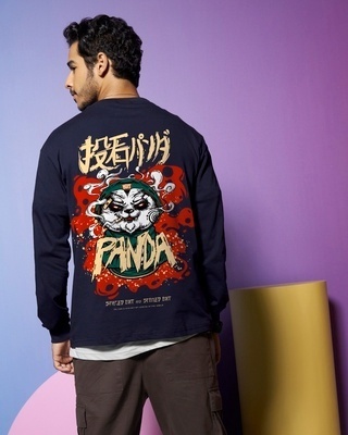 Shop Men's Navy Blue Stoned Panda Graphic Printed Oversized T-shirt-Front