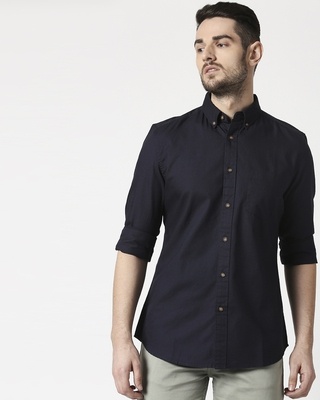 Shop Men's Navy Slim Fit Casual Oxford Shirt-Front