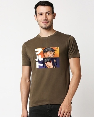 Shop Men's Olive Naruto & Sasuke Graphic Printed Cotton T-shirt-Front
