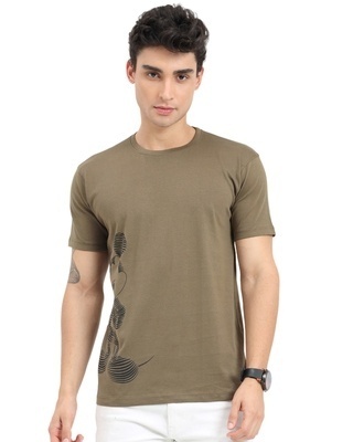 Shop Men's Olive Stripe Effect Mickey Mouse Printed T-shirt-Front