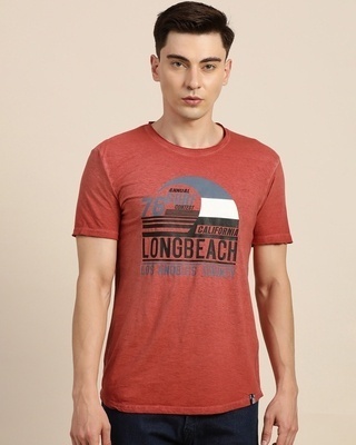 Shop Men's Orange Long Beach Typography T-shirt-Front