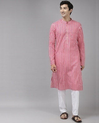 Shop Men's Pink Striped Cotton Kurta-Front